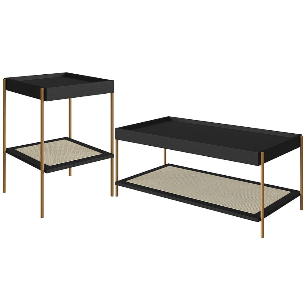 Conjunto Mesa de Centro e Mesa Lateral Para Sala Industrial Indy A03 Nero Dourado - Lyam Decor