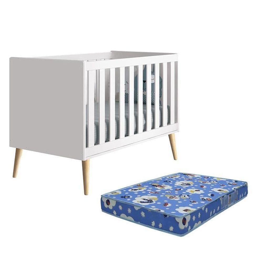 Berço Americano Theo Pés Madeira Natural Branco Fosco Com Colchão D18 - Reller Móveis Branco Fosco