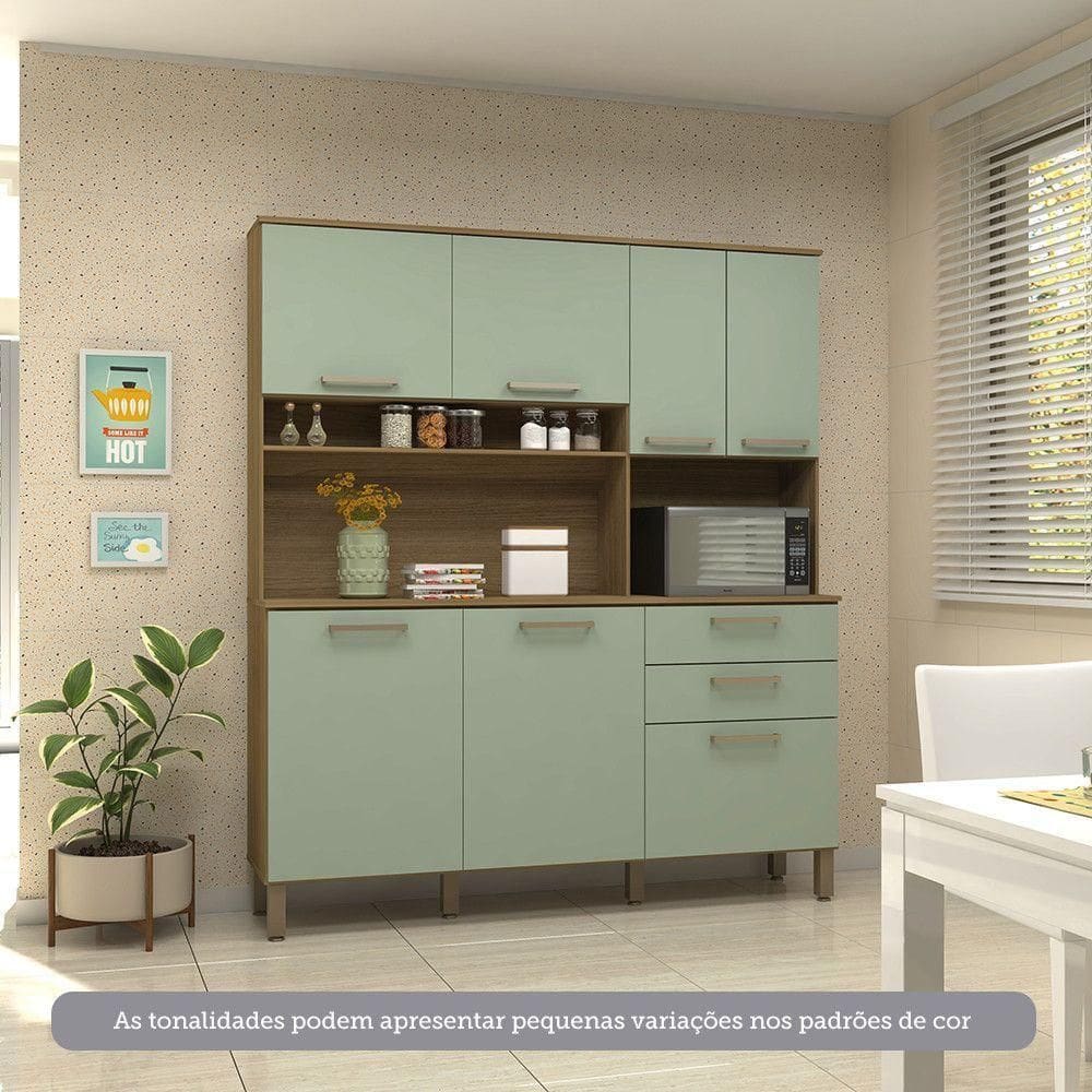 Cozinha Compacta 7 Portas E 2 Gavetas Com Tampo Luciane Móveis Carvalho Verde Mar