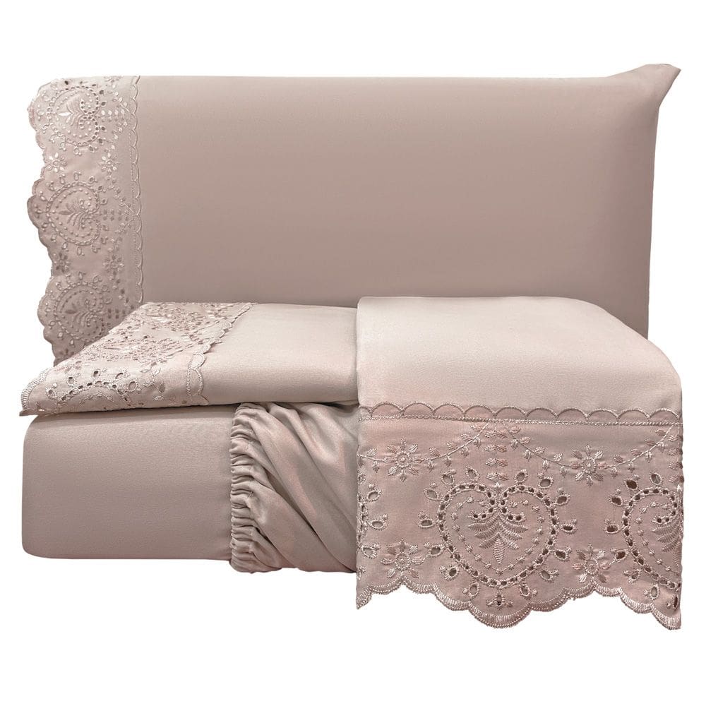 Jogo Cama Lençol Detail King Bordado Guipir Bordado Inglês Percal 300 Fios 4 Peças - Roxo Malva