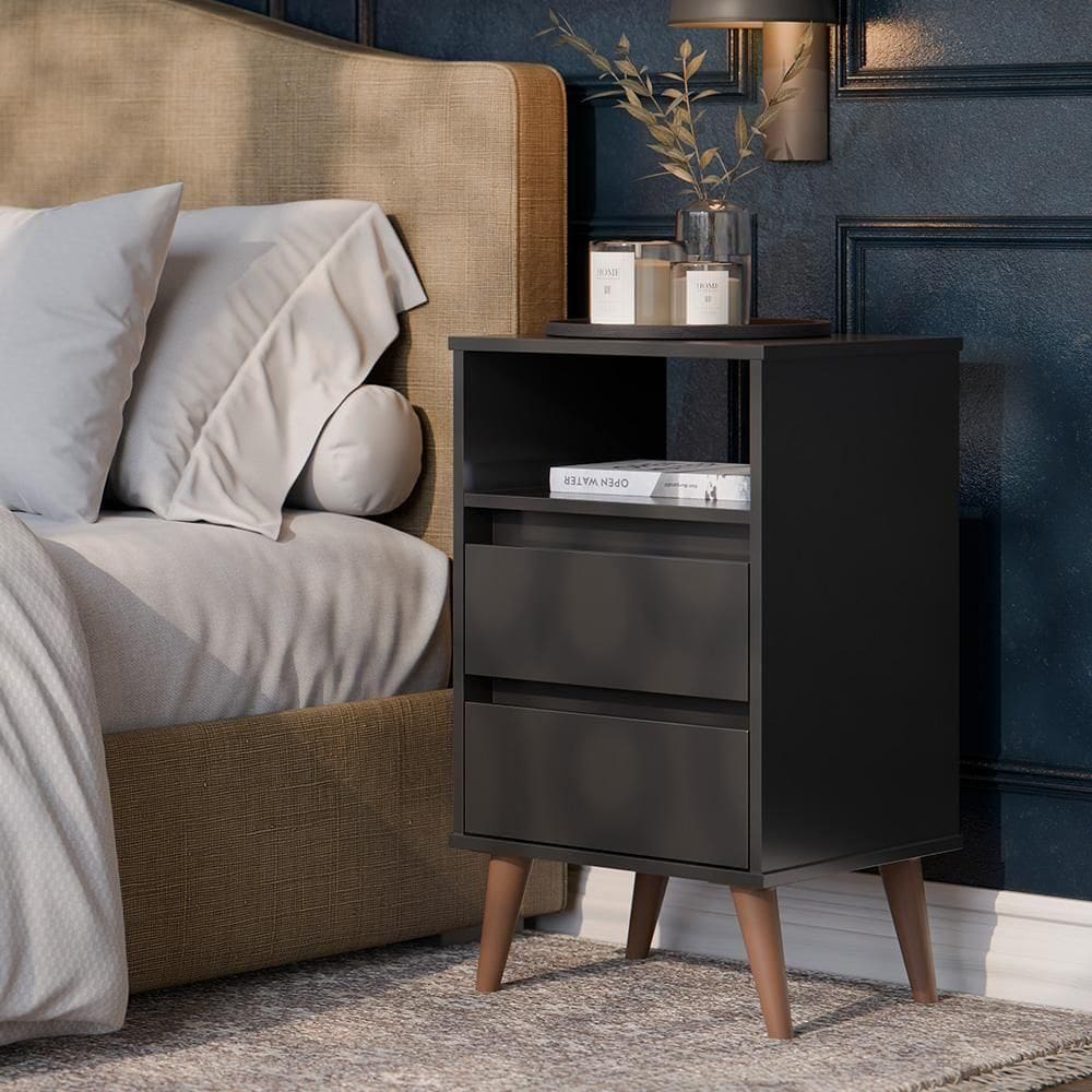 Mesa De Cabeceira Roma Quarto Com 2 Gavetas Preto
