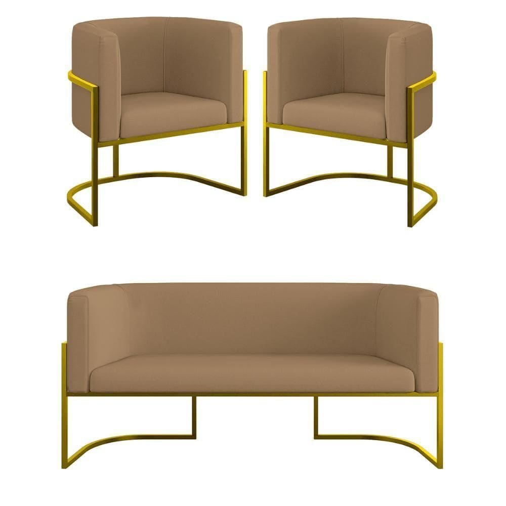 Kit Sofá 2 Lugares + 2 Poltronas Recepção Veludo Dourado Capuccino