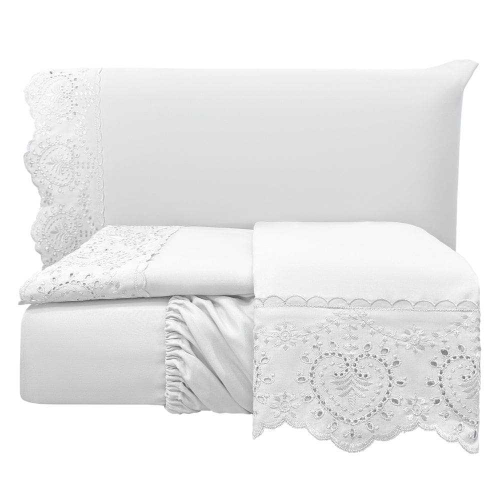 Jogo Cama Lençol Detail Casal Padrão Bordado Guipir Bordado Inglês Percal 300 Fios 4 Peças - Branco