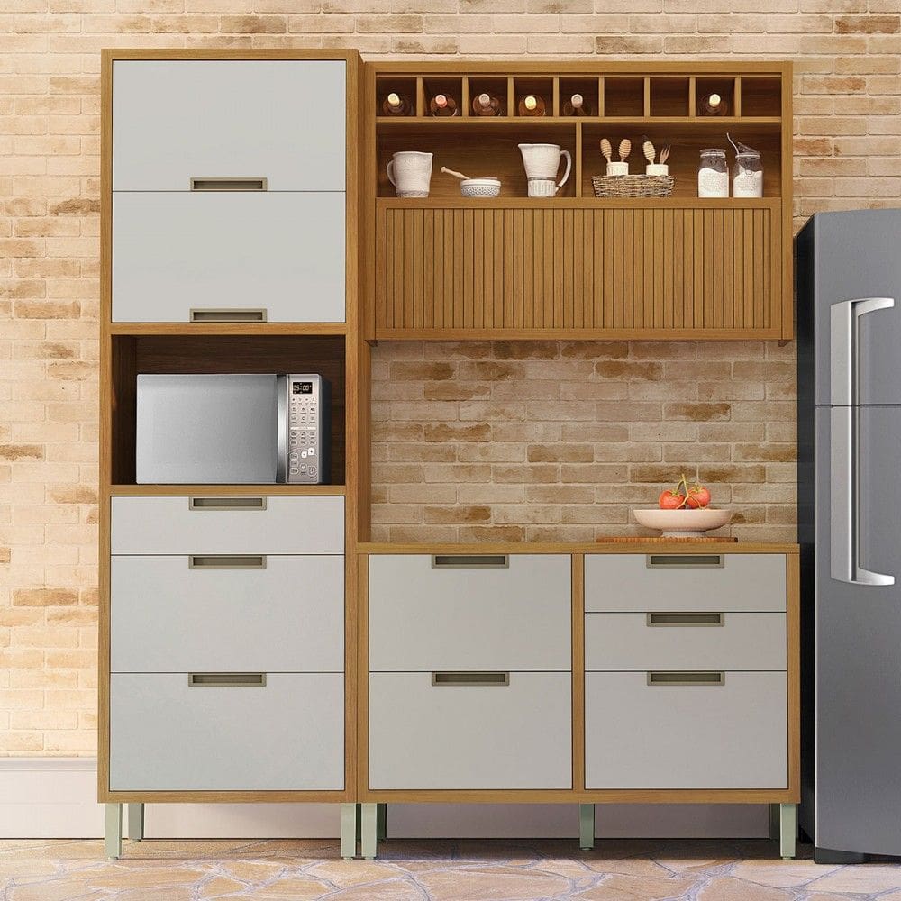 Cozinha Compacta Imperatriz 4 Portas 7 Gavetas Ripado 100% Mdf Freijó/Off White - Nesher