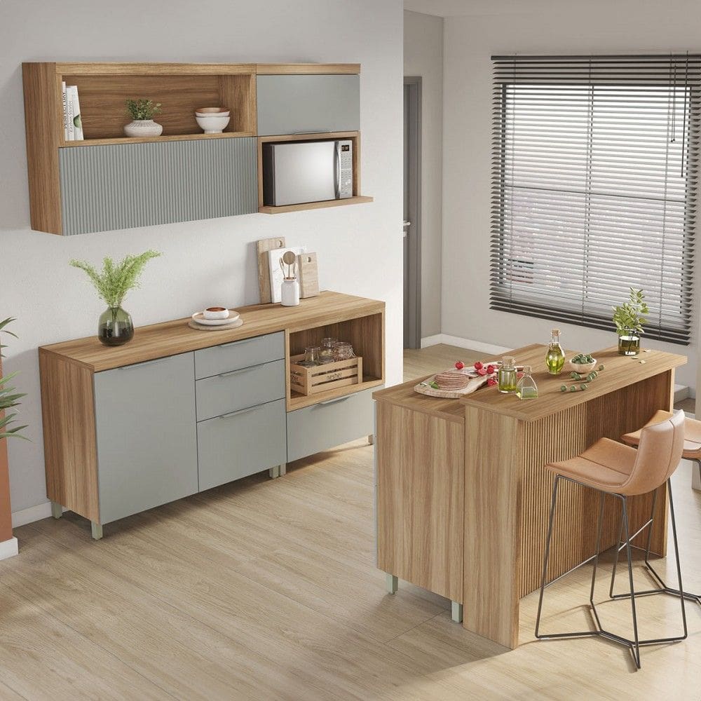 Cozinha Compacta Marquesa 4 Portas 7 Gavetas com Ilha Ripado 100% Mdf Natural/Verde - Nesher