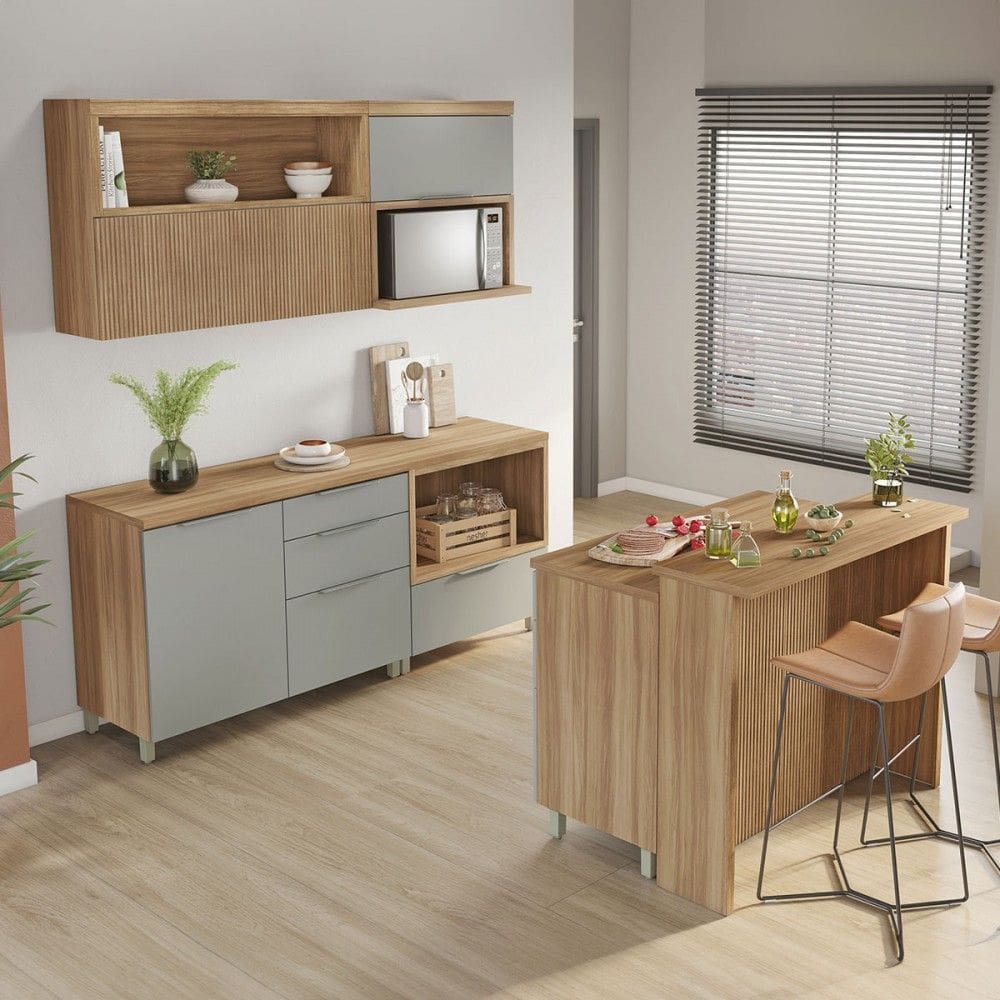 Cozinha Compacta Marquesa 4 Portas 7 Gavetas com Ilha Ripado 100% Mdf Verde/Natural - Nesher