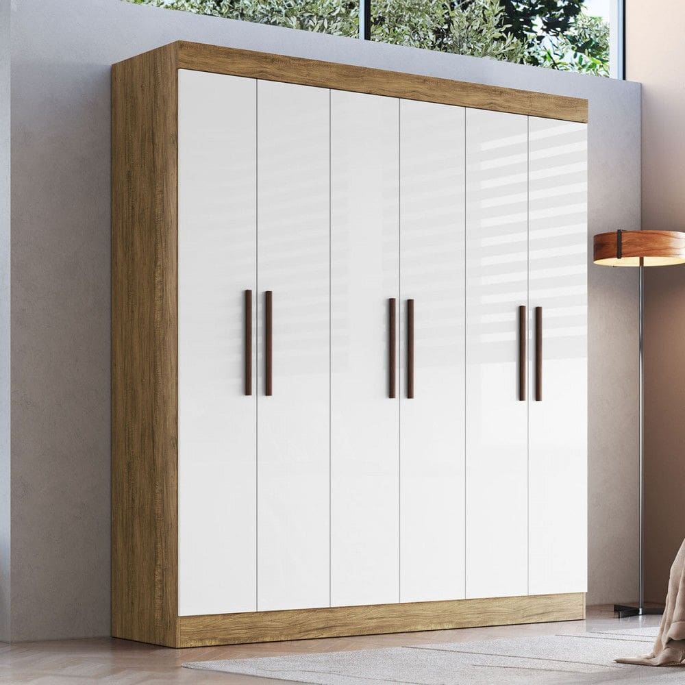 Guarda-Roupa Casal New Xangai 6 Portas 2 Gavetas 100% Mdf Off White/Nogueira - Doripel