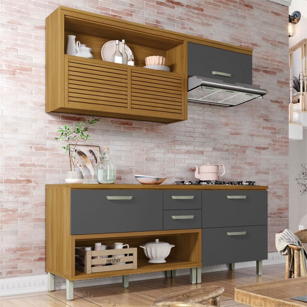 Cozinha Compacta Princesa 4 Portas 3 Gavetas Ripado 100% Mdf Freijó/Grafite - Nesher