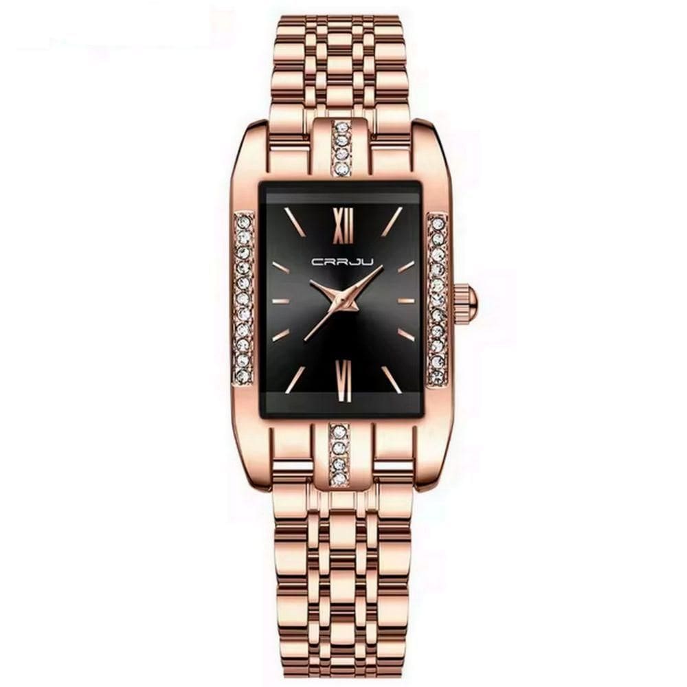 Relógio De Quartzo Feminino Design Quadrado Bracelete De Aço Inoxidável Impermeavel 3atm Preto
