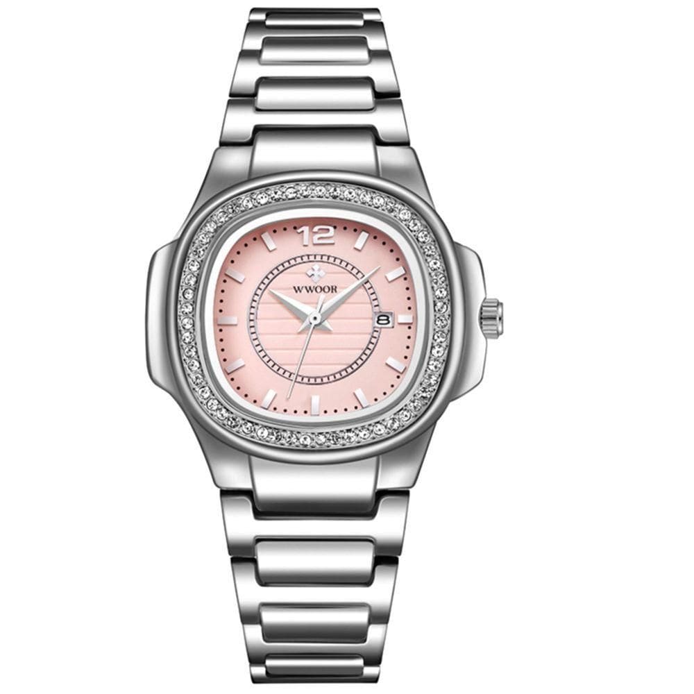 Relógio Feminino Quadrado Com Strass Pulseira Em Aço Inoxidavel Impermeavel Rosa