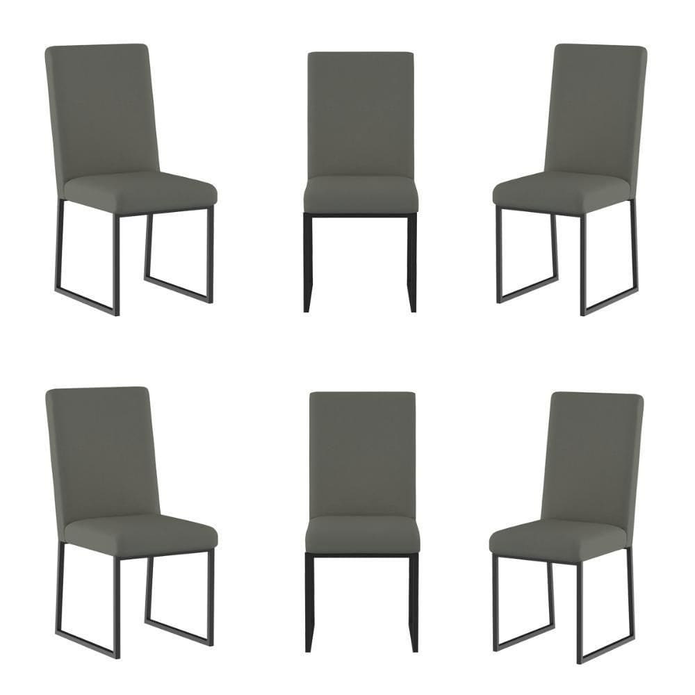 Kit 6 Cadeira Estofadas Base De Ferro Preta Para Mesa Jantar Cinza