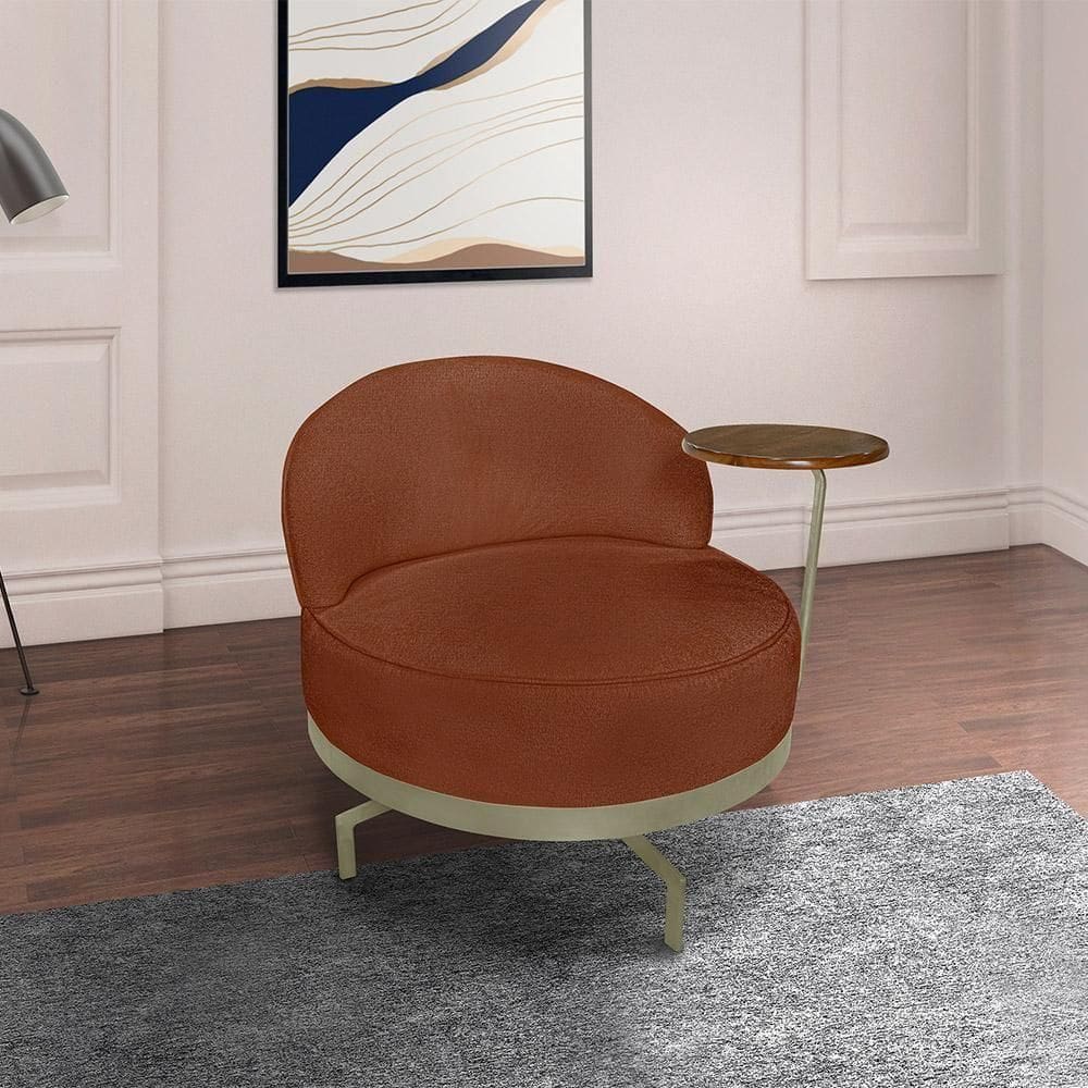 Poltrona Sala De Estar Pés Em Ferro Champagne Giratória Braço Madeira Maciça 86cm Banff Bouclê Terracota