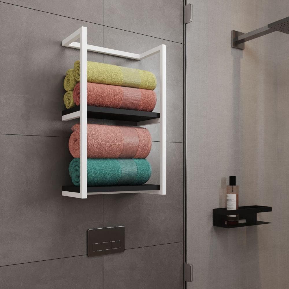 Toalheiro Para Banheiro Estilo Industrial Sahy Branco E Prateleira Preta Branco