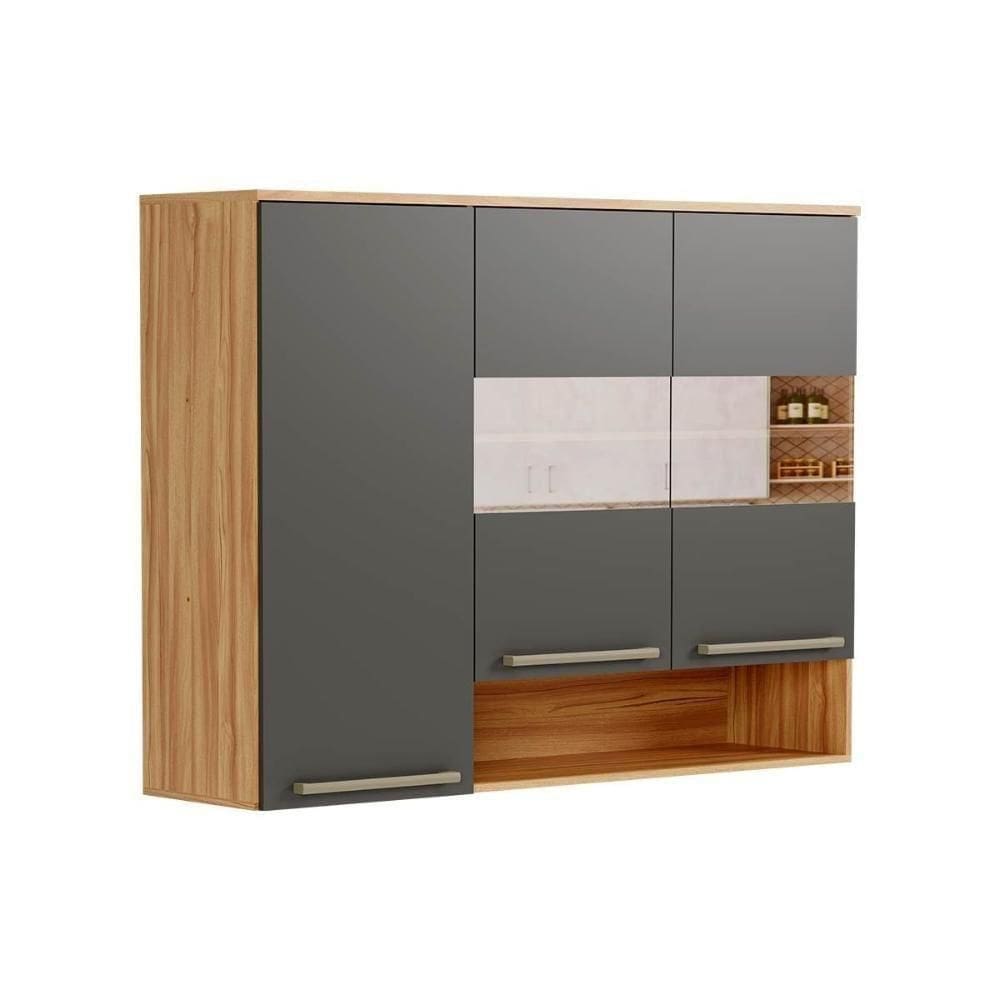 Armário De Cozinha Modulado Nápoli 3 Portas ( 2 C/ Vidros Reflecta) 120cm Amendoa/chumbo - Ronipa