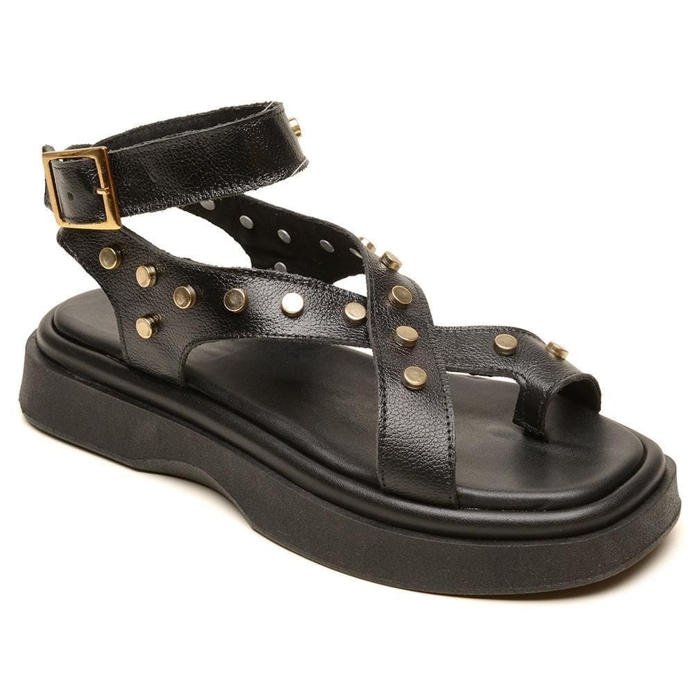 Papete Feminina Couro Modelo Flatform Detalhes de Apliques