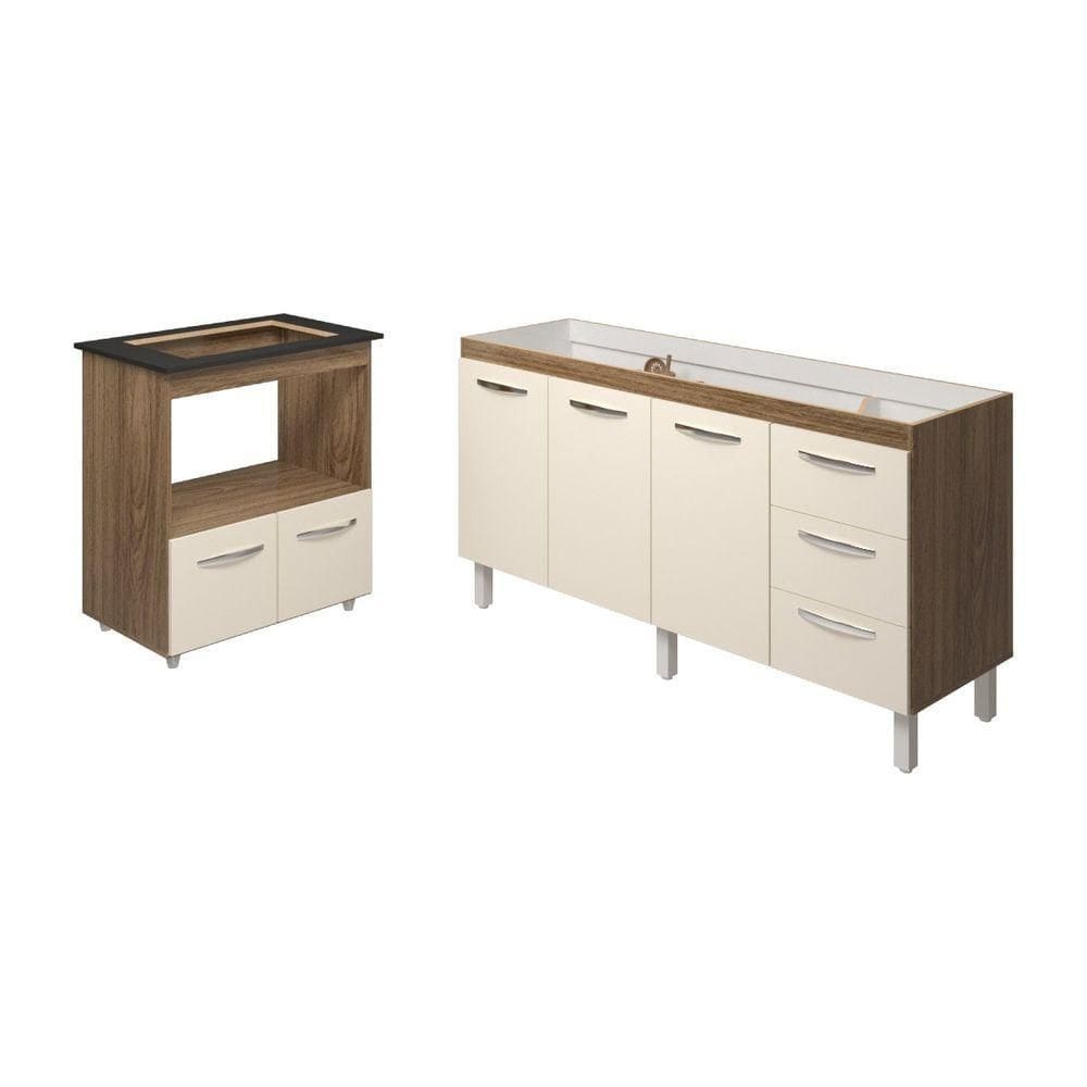 Cozinha Balcão Armário Gabinete De Pia 150 Cm Deise E Balcão Evelyn Para Fogão Cooktop 4 Bocas Savana Off White