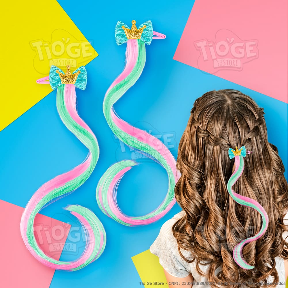 Presilhas Mecha de Cabelo Sintético Infantil (Tic Tac) Unicórnio Coroa Dourada Laço Azul Cor Turquesa e Rosa 2 unid