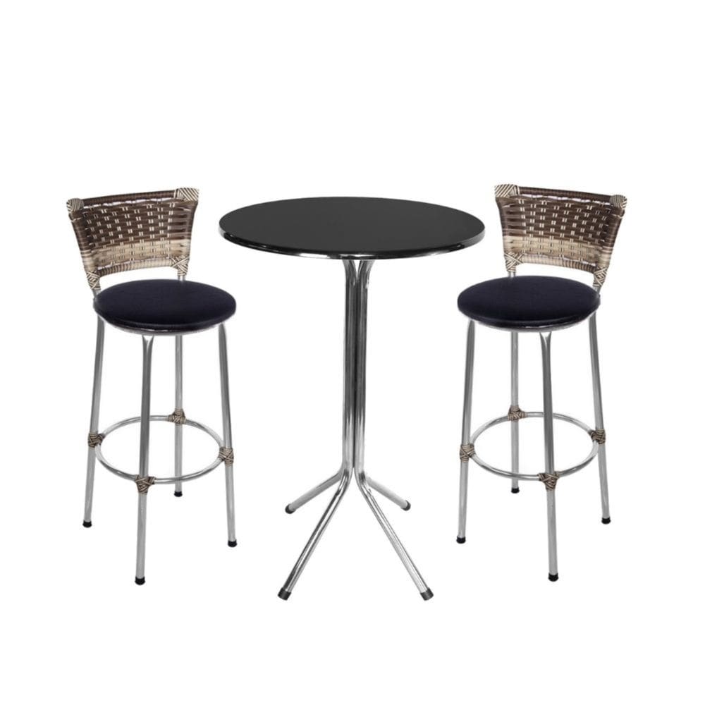 Jogo de 2 Banquetas Cromada Capuccino Assento Preto com Bistro Cromado e Preto