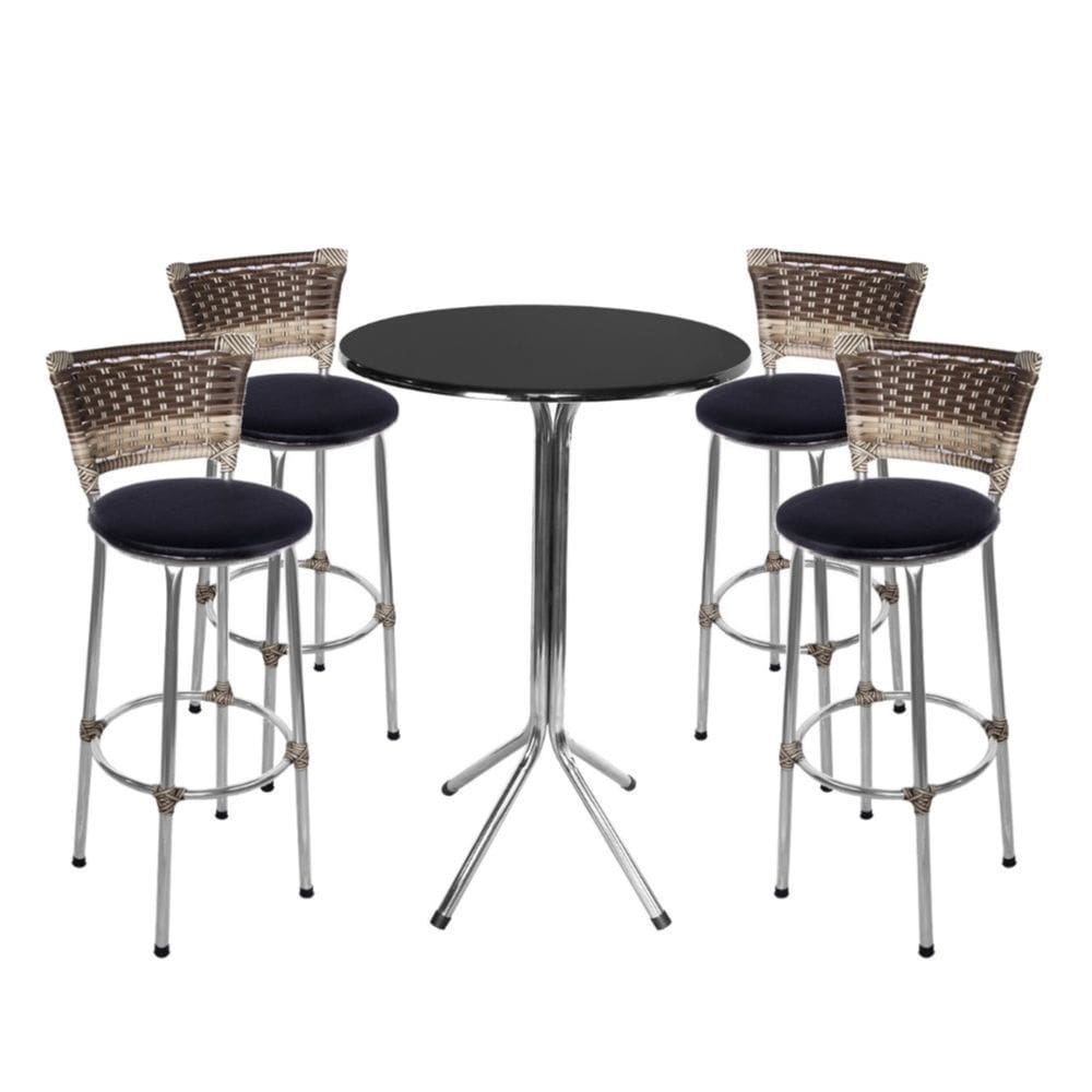 Jogo de 4 Banquetas Cromada Capuccino Assento Preto com Bistro Cromado e Preto