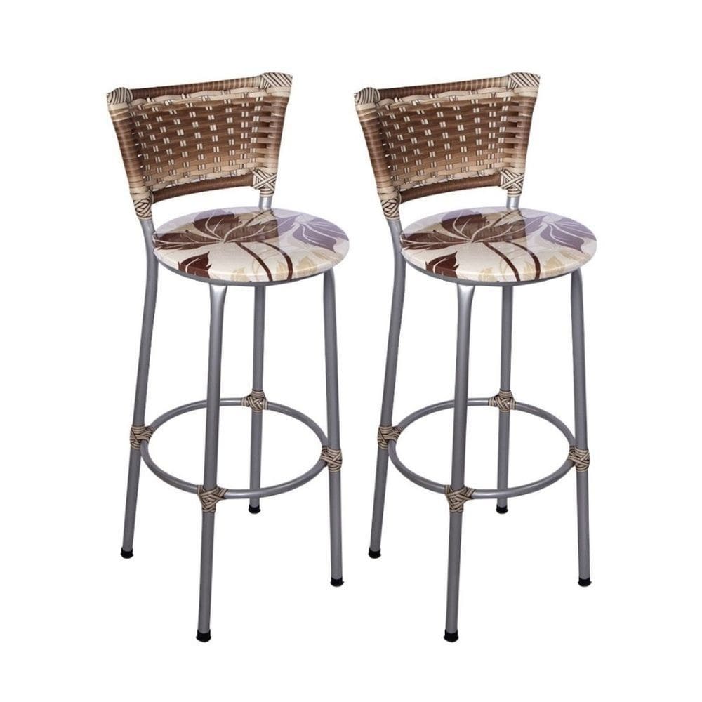 Kit 2 Banquetas Altas Prata com Encosto Junco Capuccino Assento Floral Marrom