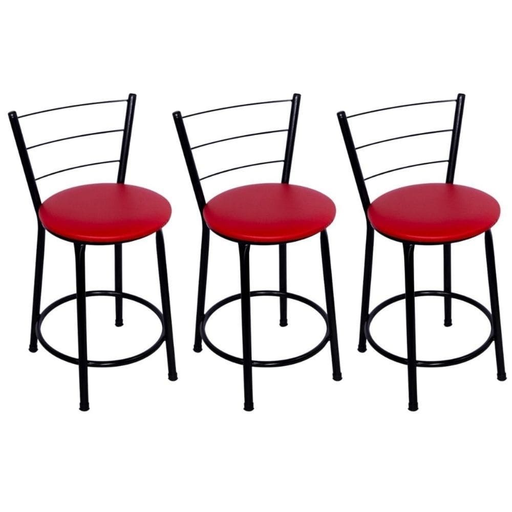 Kit 3 Banquetas Baixas Preta com Encosto Assento Vermelho