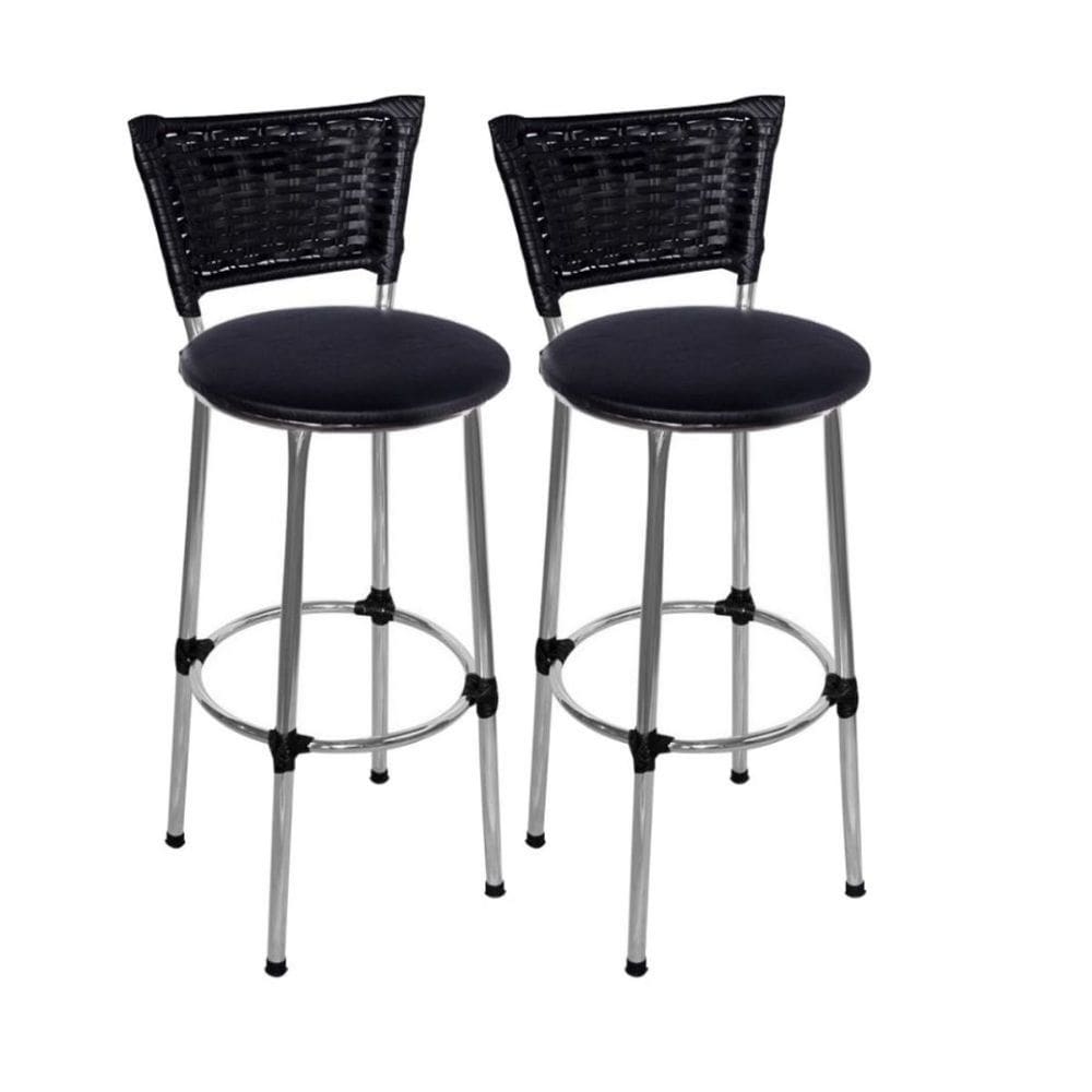 Kit 2 Banquetas Altas Cromada com Encosto Junco Preto Assento Preto