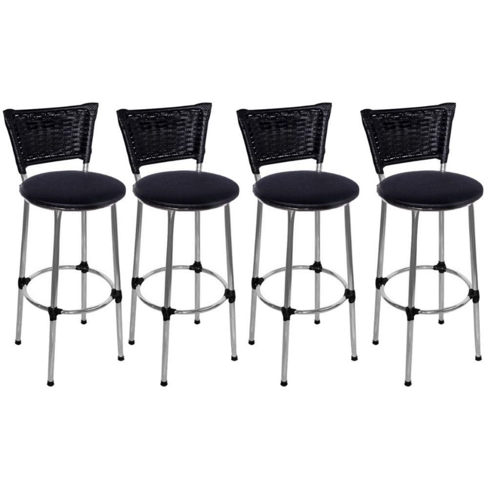 Kit 4 Banquetas Altas Cromada com Encosto Junco Preto Assento Preto