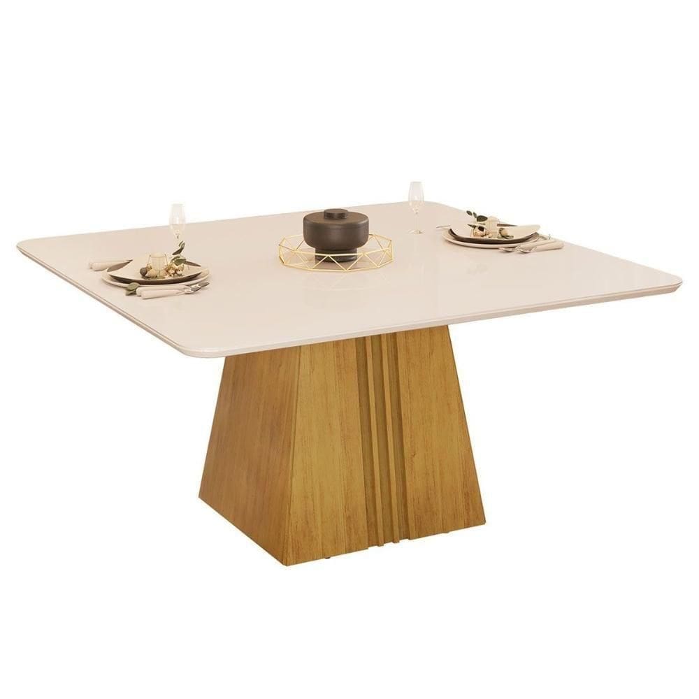 Mesa De Sala Jantar Itália Com tampo Madeirado Vidro Curvo 136x136cm Cedro/off White Dj Móveis