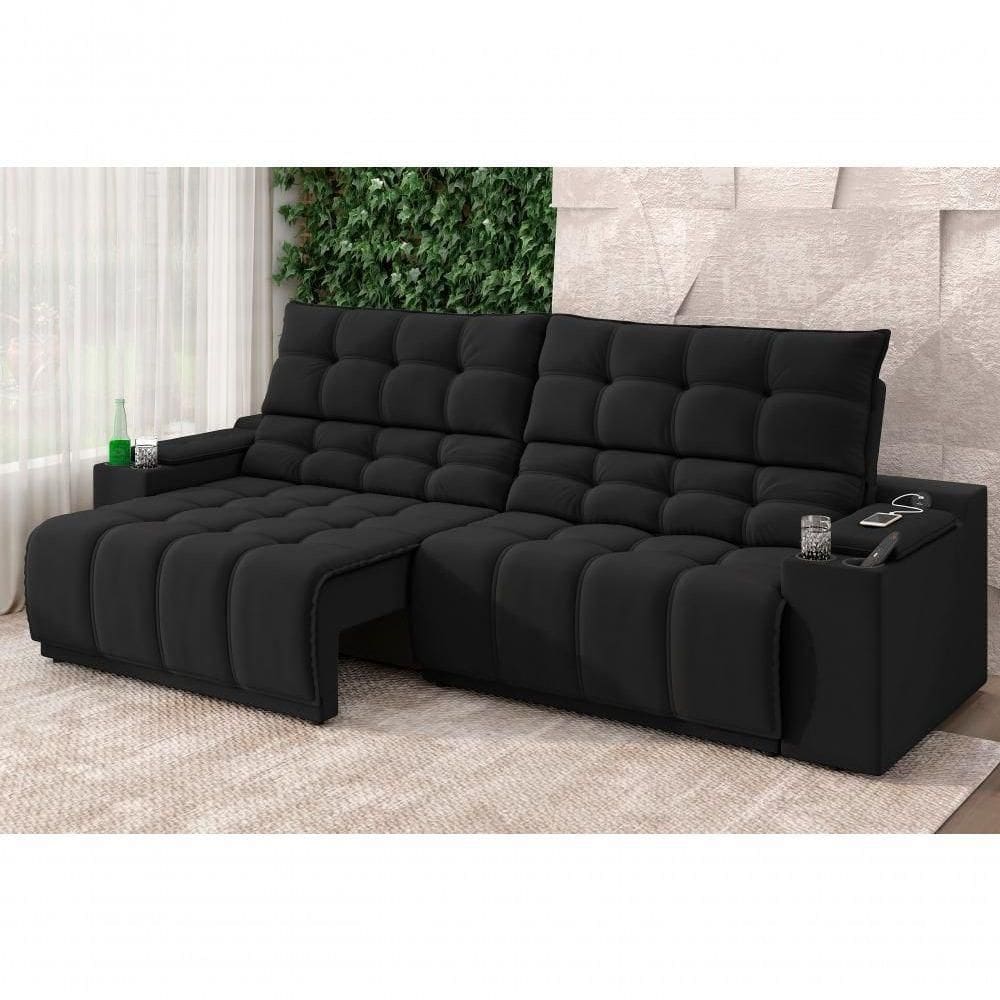 Sofá Connect Premium 2,00m Assento Retrátil-reclinável Com Porta Copos E Entrada Usb Suede Preto