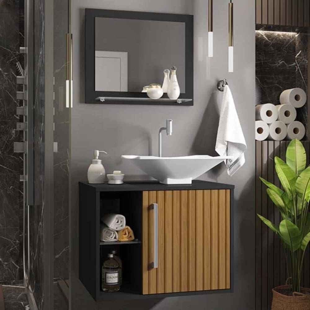 Jogo De Espelheira Com Gabinete Orleães Preto Ripado