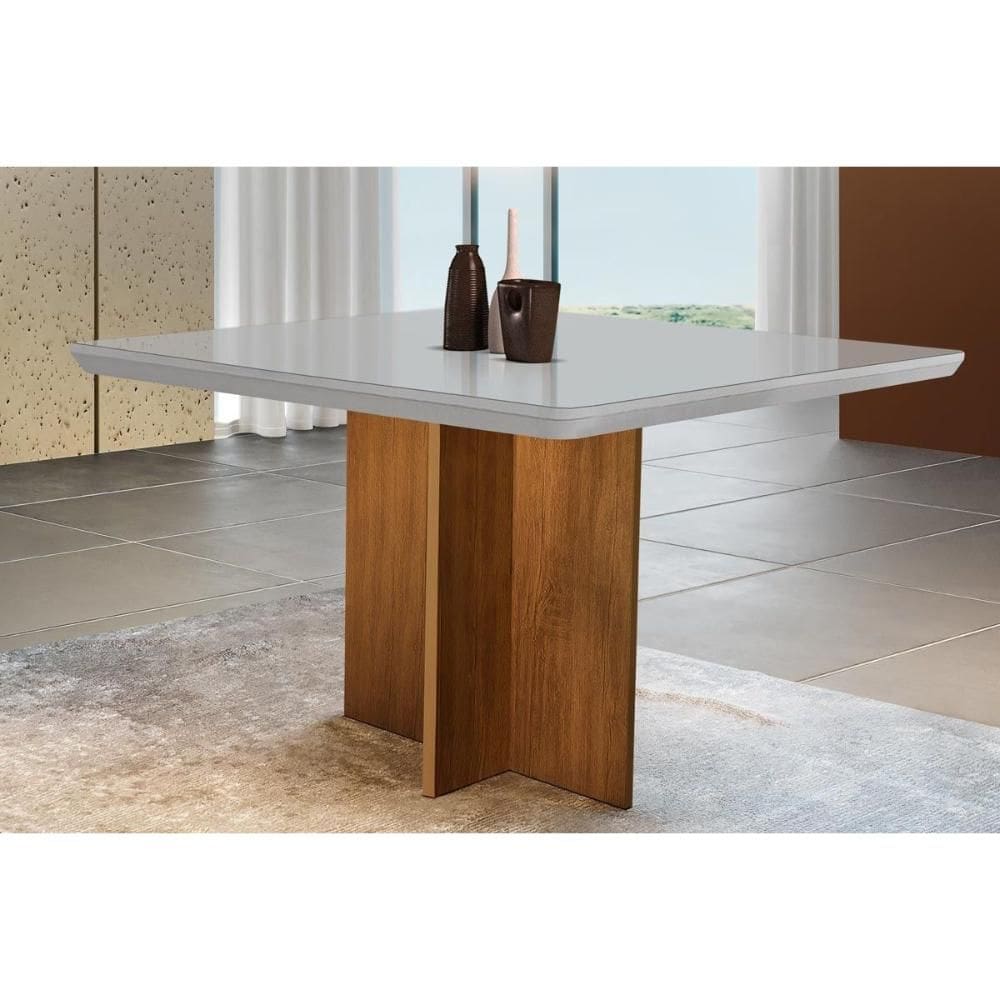 Mesa p/ Cozinha Berlim c/ Tampo 90x90cm Madeirado Vidro Canto Curvo - Imbuia/Off White - Rufato