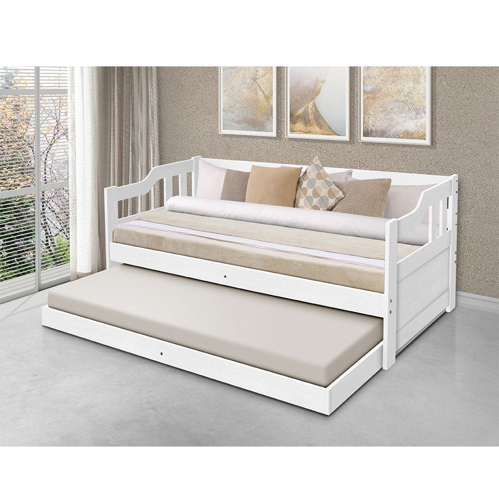 Sofá Cama Solteiro Vintage com Cama Auxiliar Madeira + 2 Colchões - Branco