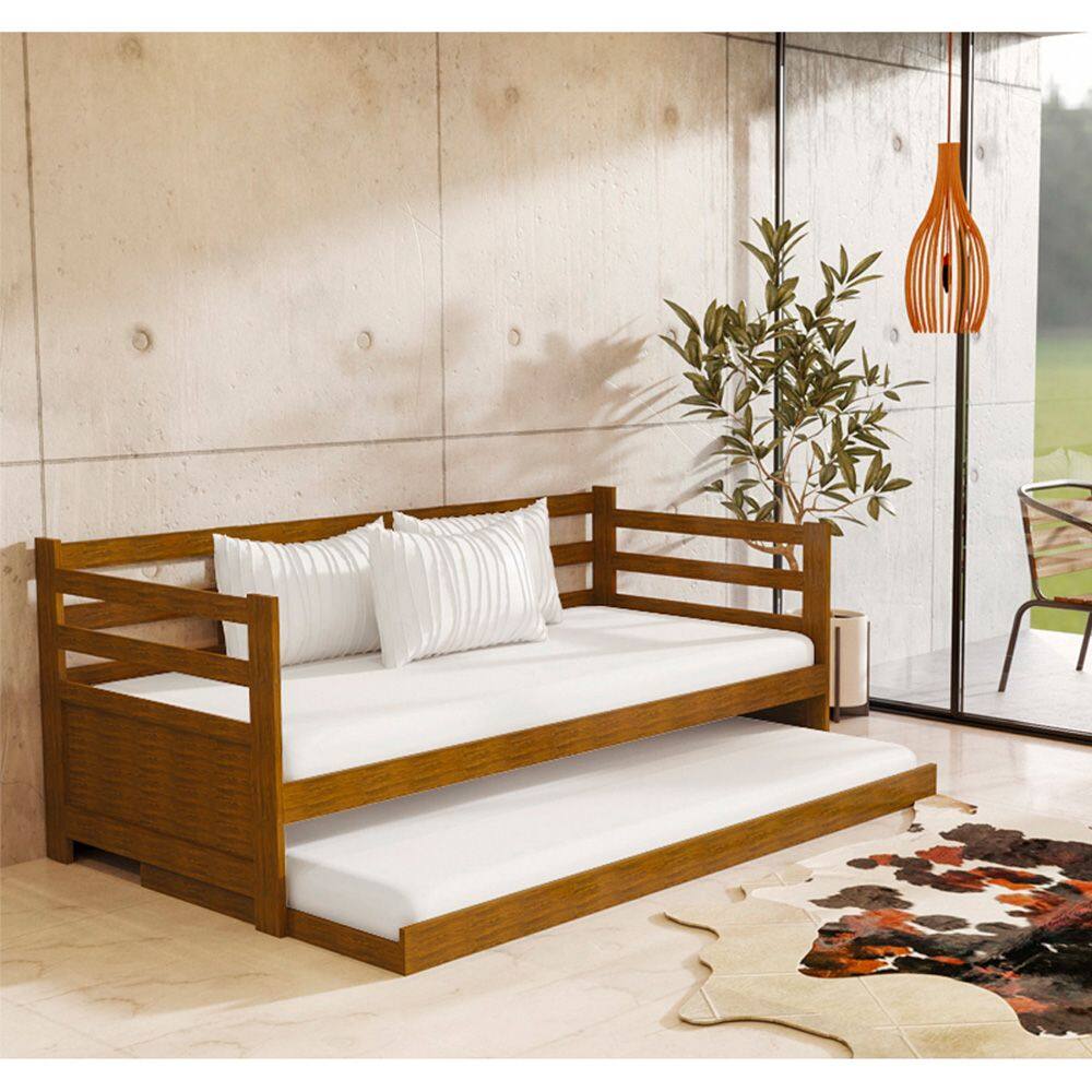 Sofá Cama Solteiro em Madeira com 2 Colchões Enjoy Rústico - Imbuia