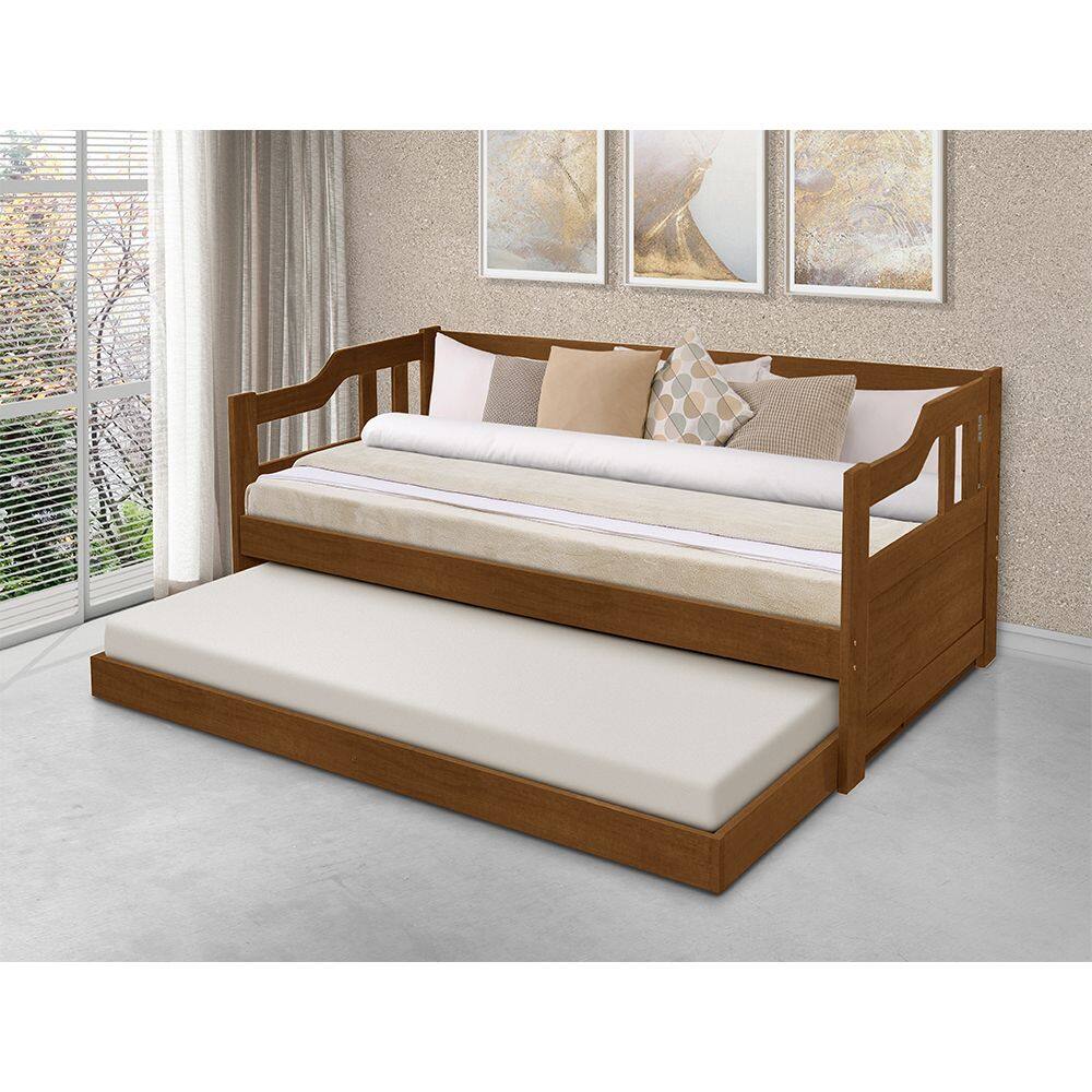 Sofá Cama Solteiro Vintage com Cama Auxiliar Madeira com 2 Colchões - Castanho