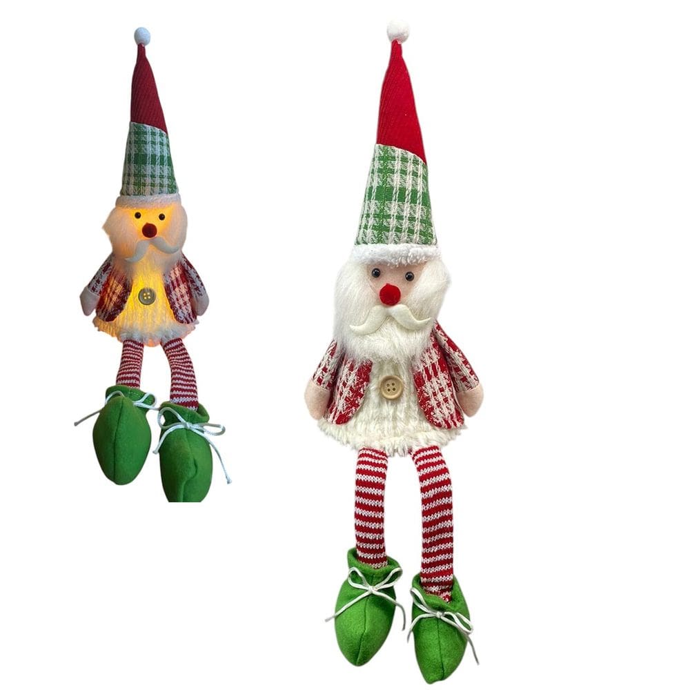 Papai Noel Sentado Natal Natalino Acende Luz Iluminado Pernas Moles Luminaria Decoraçao Festa Fim de Ano Evento Enfeite Mesa Estante Casa Trabalho