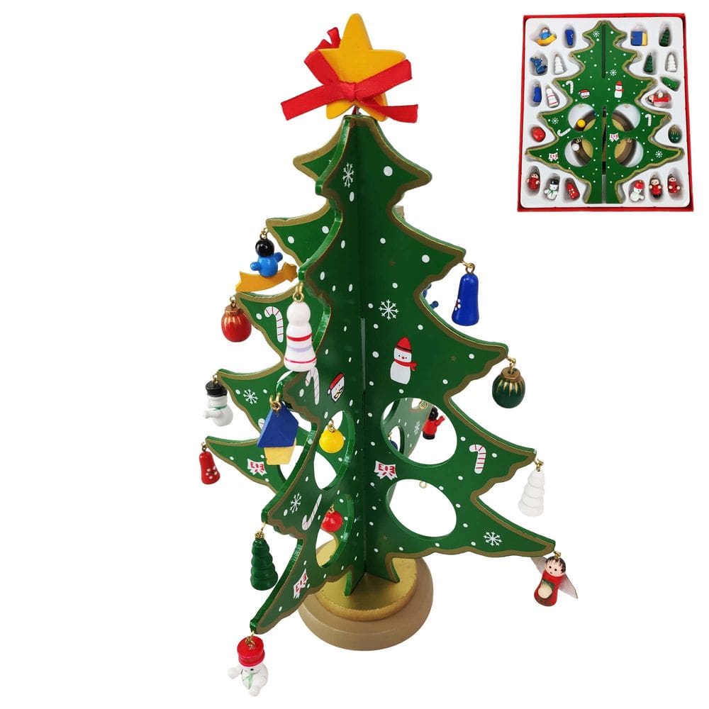 Mini Arvore de Natal 3D Madeira com Enfeites Natalino Papai Noel Boneco de Neve Ornamentação Pinheiro Presentes Decoração Mesa Sala Casa