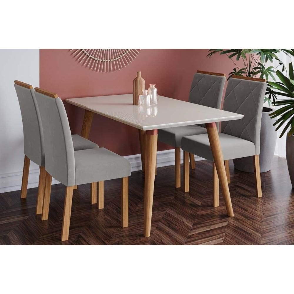 Sala de Jantar Completa Adele Madeira Maciça Tampo Madeirado c/ Vidro 130x80cm e 4 Cadeiras Fernanda Madeira/Off White - Linho Grafite - Cimol