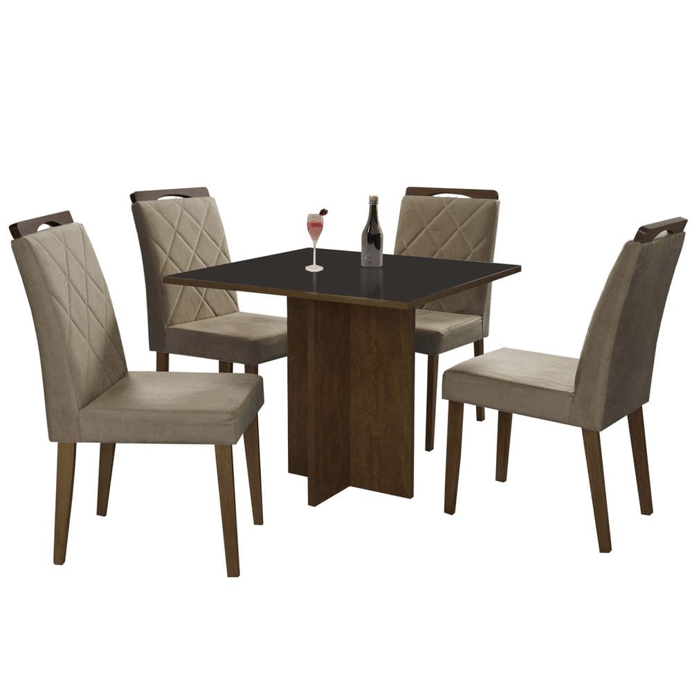 Conjunto Mesa de Jantar Los Angeles com 4 Cadeiras Califórnia 120x80cm Cor Ypê com Tampo Preto