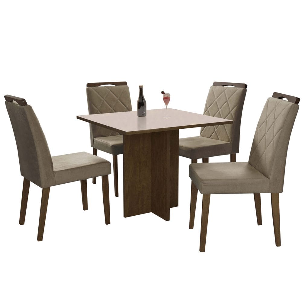 Conjunto Mesa de Jantar Los Angeles com 4 Cadeiras Califórnia 90x90cm Cor Ypê com Tampo Branco