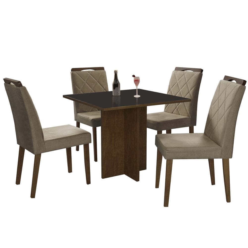 Conjunto Mesa de Jantar Los Angeles com 4 Cadeiras Califórnia 90x90cm Cor Ypê com Tampo Preto
