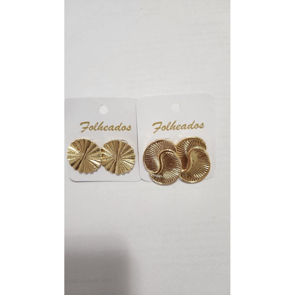 2 Pares Brincos Dourados Leque Circular Caracol Frisado 18K