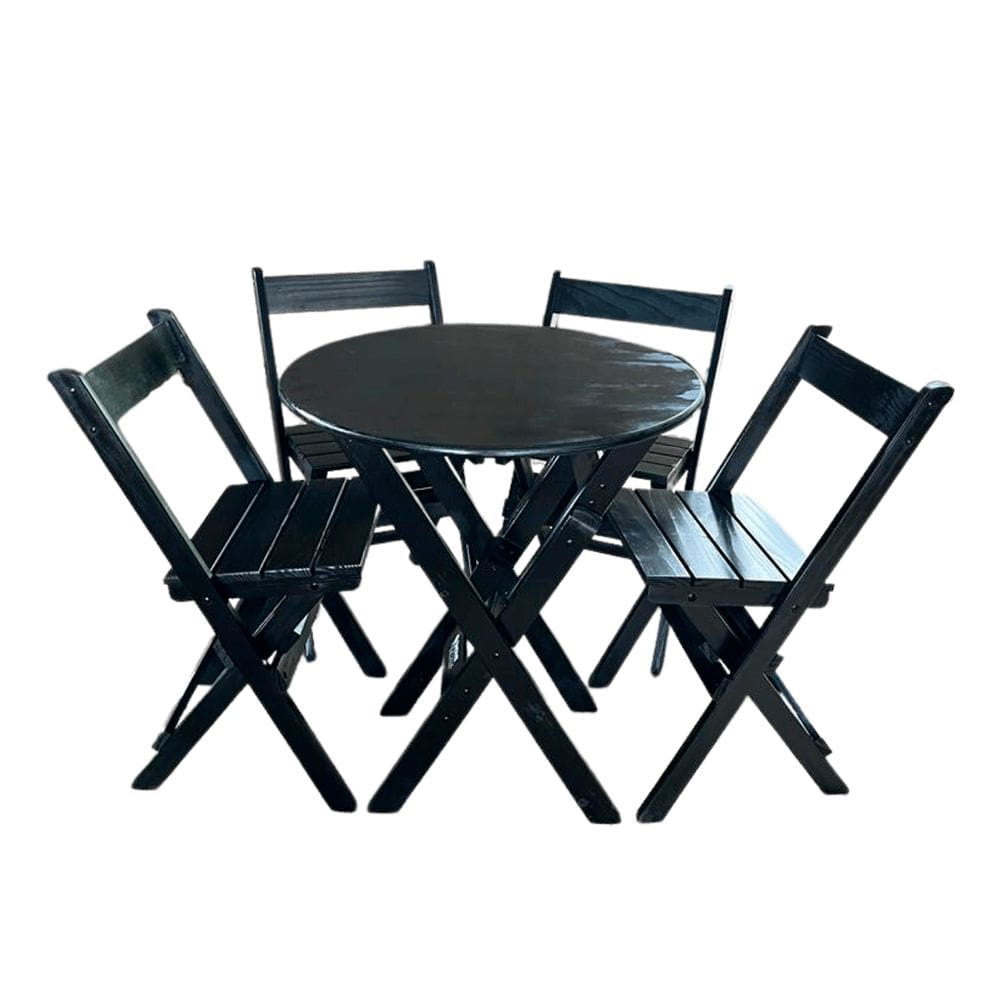 Conjunto Mesa Redondo 70cm Dobrável Com 4 Cadeiras Em Madeira Maciça - Preto