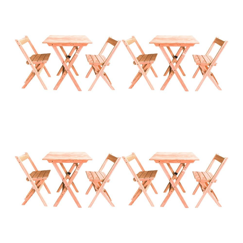 Kit 4 Conjuntos Mesa Dobrável Para Bar E Restaurante 60x60cm Com 2 Cadeiras Em Madeira Maciça - Cru