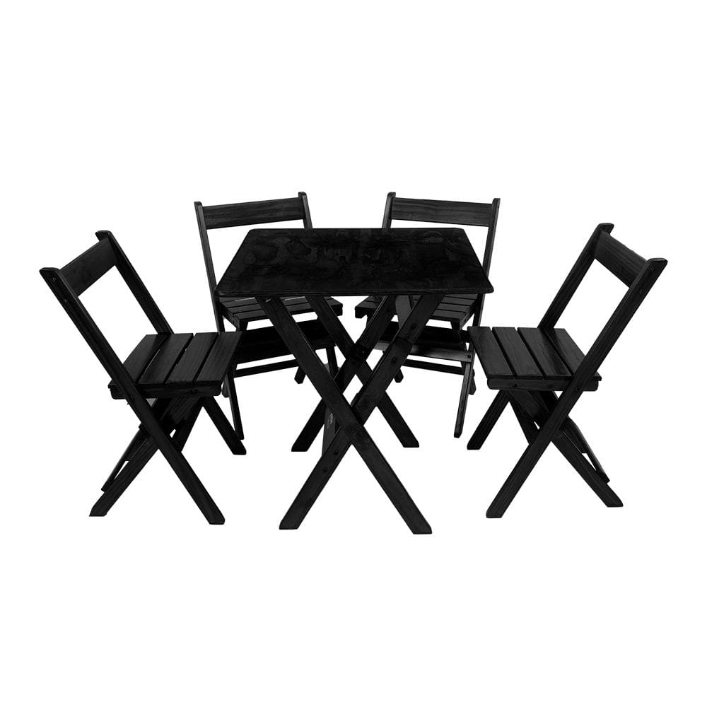 Conjunto Mesa Dobrável 70x70 Com 4 Cadeiras Em Madeira Maciça - Preto