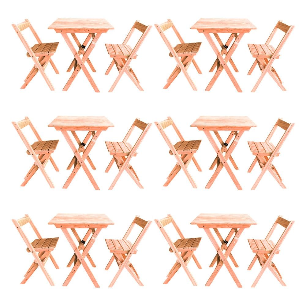 Kit 6 Conjuntos Mesa Dobrável Para Bar E Restaurante 60x60cm Com 2 Cadeiras Em Madeira Maciça - Cru