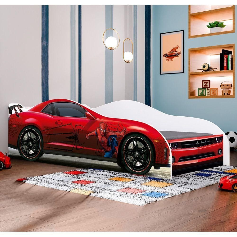 Conjunto Cama Carro Infantil Personagens Com Proteção Lateral MDF Com Colchão Vermelho