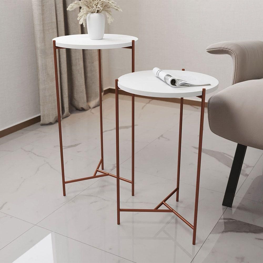 Mesa Lateral Redonda áquila Cobre E Tampo Branco