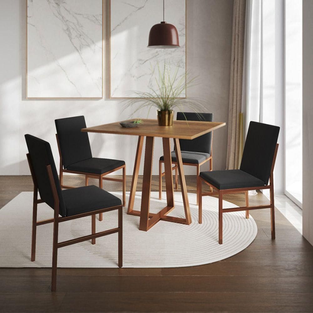 Conjunto De Jantar Mesa Mônaco 90cm Tampo Imbuia Com 4 Cadeiras Pretas Base Cobre Preto