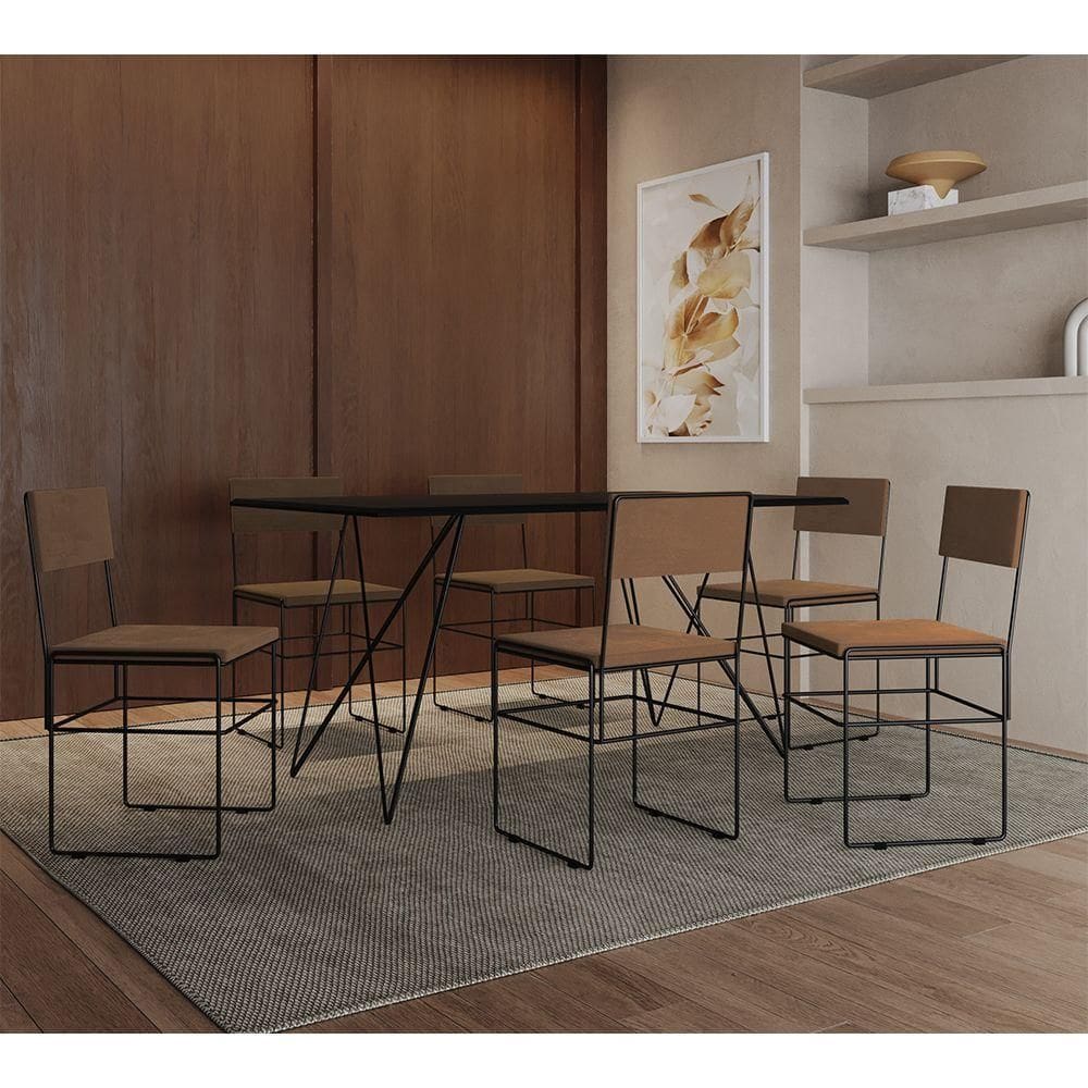 Mesa Jantar Retangular Industrial Trama 1,50x0,90m Preta Com 6 Cadeiras Estofadas Marrom E Preta Vit Preto