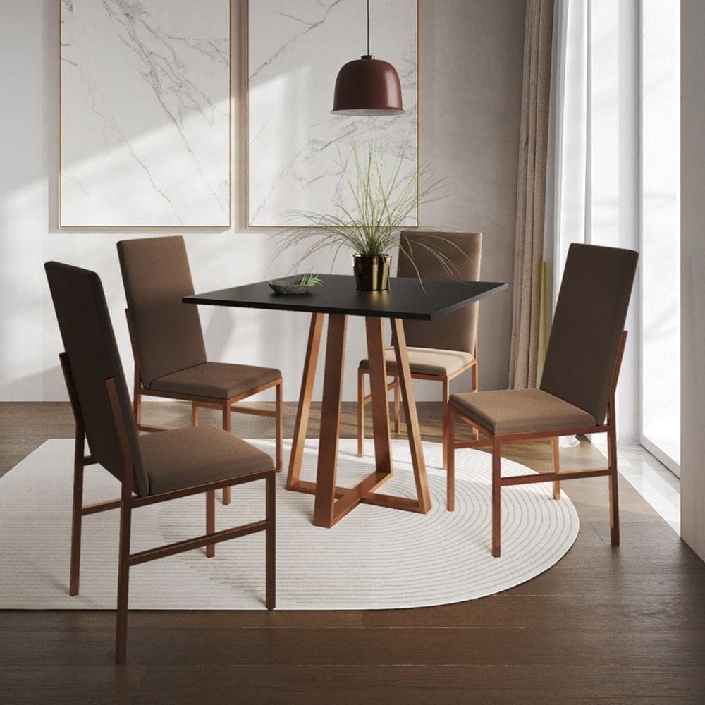 Conjunto De Jantar Mesa Mônaco Premium 90cm Preta Com 4 Cadeiras Estofadas Marrom Base Cobre Preto